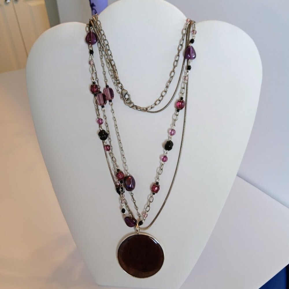 VTG Triple Strand 40" Odd Oval Shaped Beads Claw Clasp Purple Pink Beads Browns